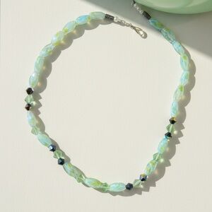 Vintage Beaded Necklace Mint Green Glass Swavorski Crystal Choker Necklace